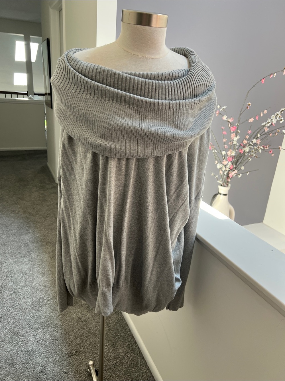 Gray Off-Shoulder Foldover Cowl Sweater - Women